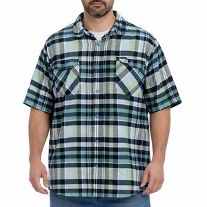 CAT Caterpillar Plaid Button Up Shirt Men’s 2XL Green Short Sleeve Cotton